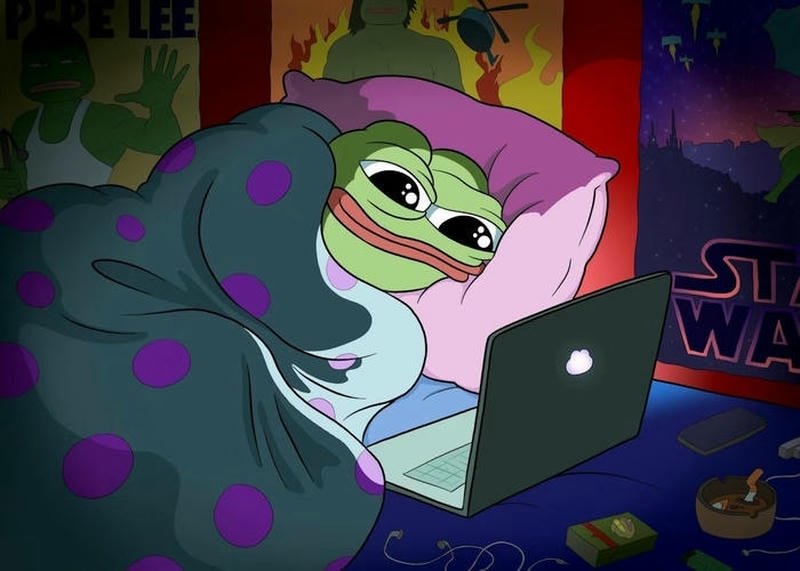 Ảnh ếch xanh meme bựa đêm nằm xem máy tính