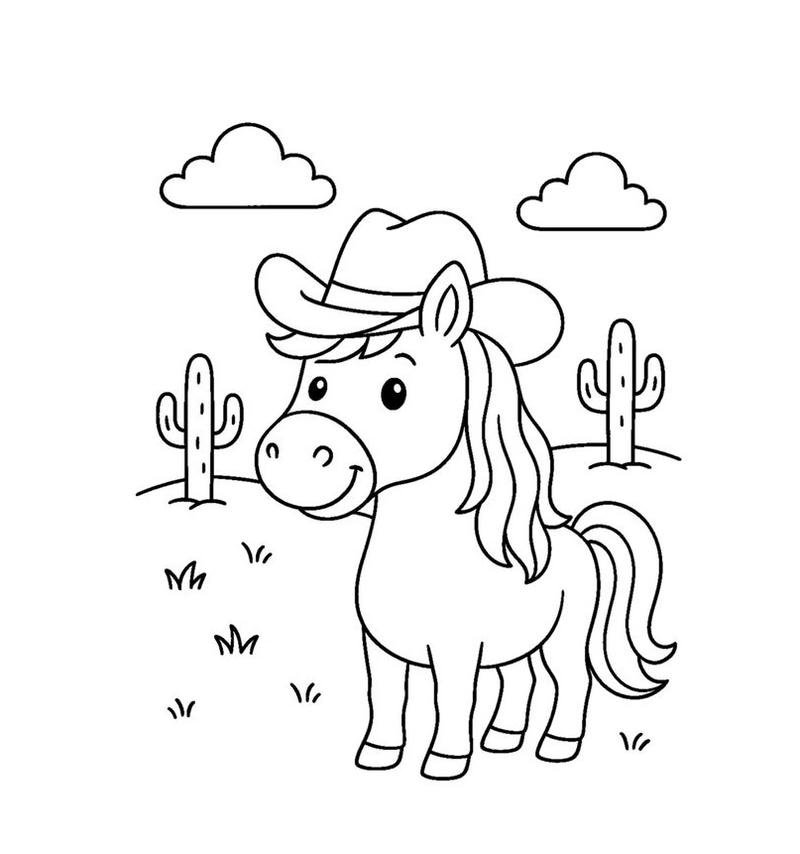 Bản phác họa ngựa con cute cho bé tập tô