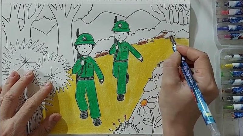Bản vẽ chú bộ đội đơn giản cho trẻ em học vẽ