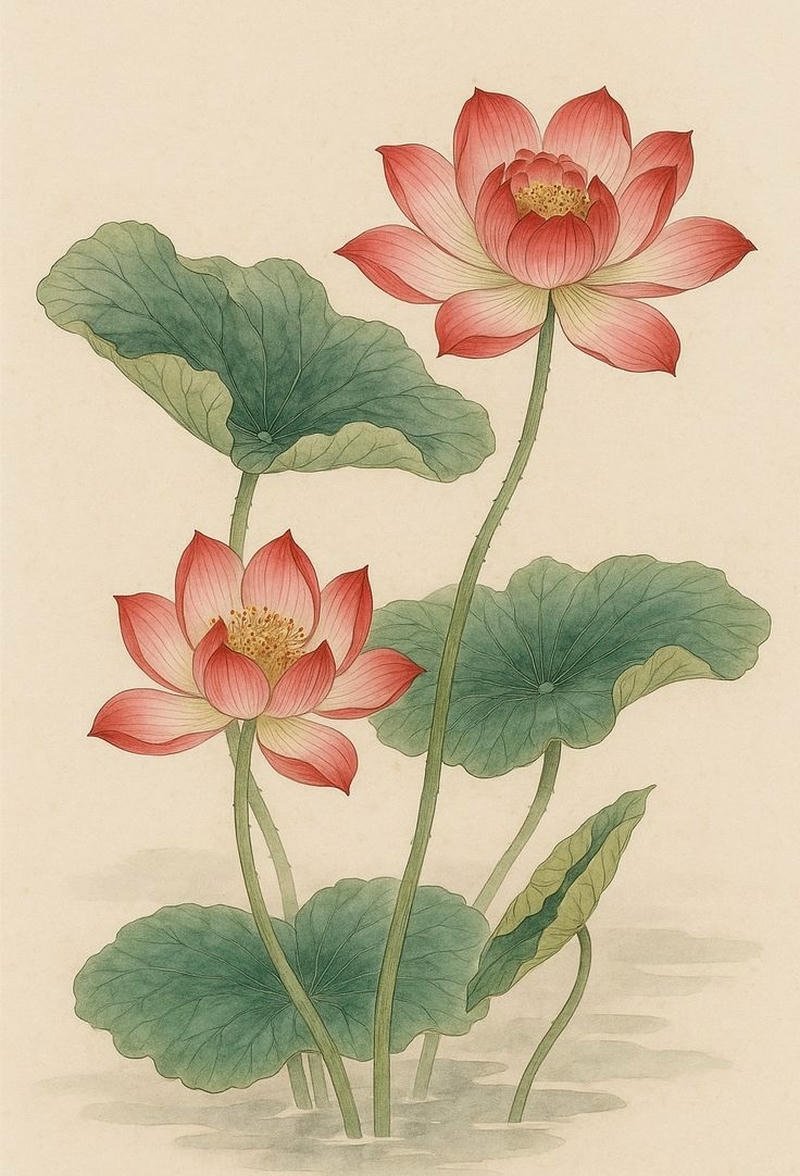 Bản vẽ hoa sen thanh tao với lá sen xanh