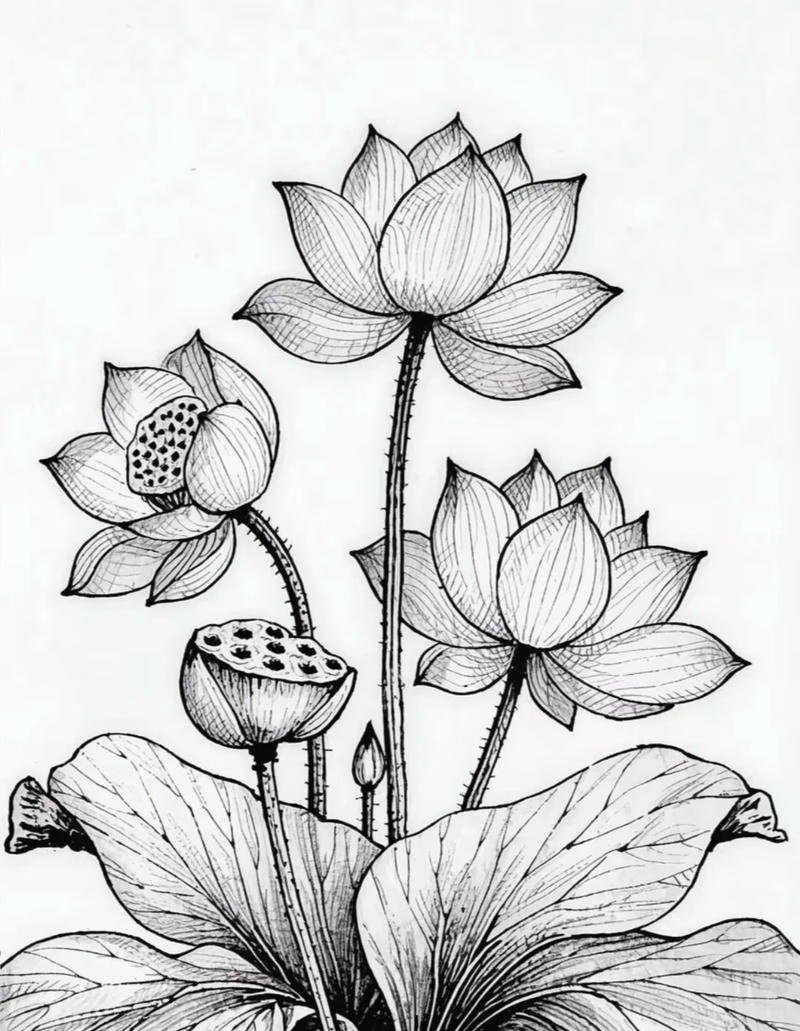 Bản vẽ hoa sen tranh vẽ với cánh hoa xòe rộng