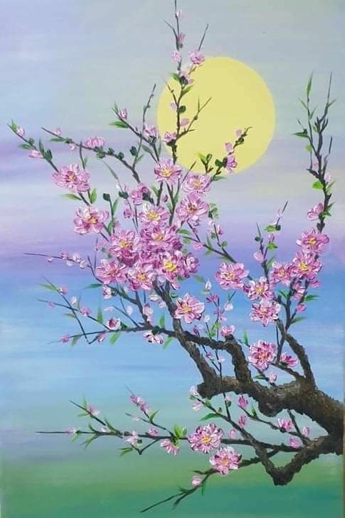 Bố cục hài hòa tạo chiều sâu tranh vẽ hoa đào