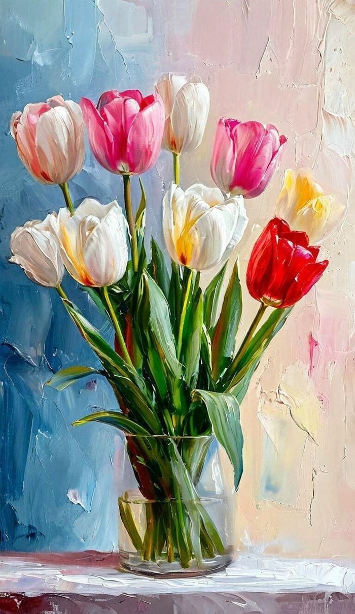 Bố cục hài hòa thể hiện qua tranh vẽ hoa tulip