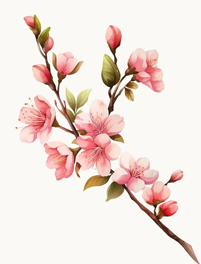 Bức họa núi non hòa cùng sắc đào nhẹ nhàng