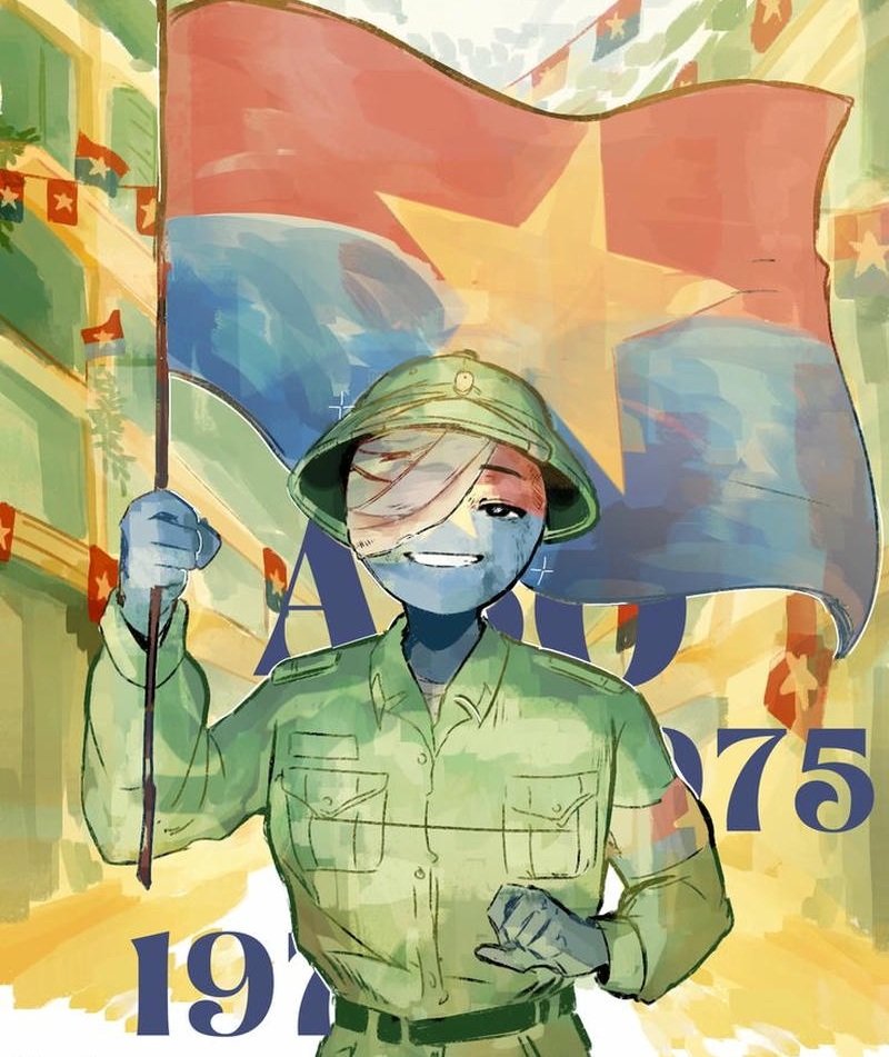 Bức tranh chú bộ đội đang hành quân giữa núi rừng