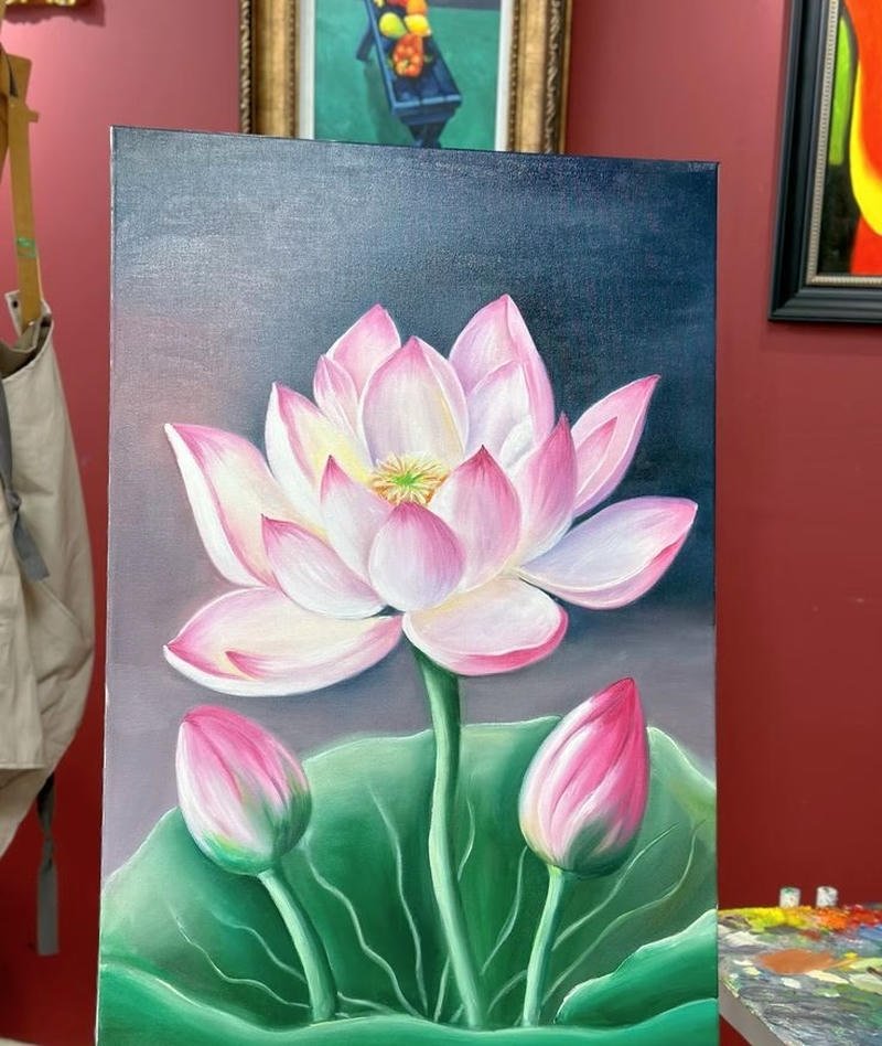 Bức tranh hoa sen hồ nước phong cảnh thiên nhiên