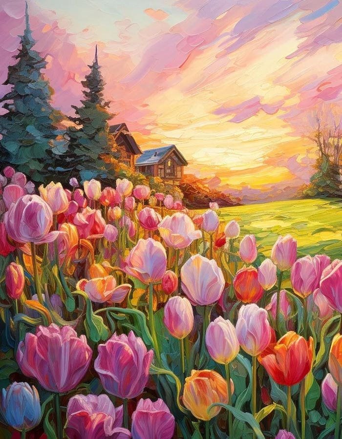 Bức tranh hoa tulip rực rỡ giữa không gian xuân