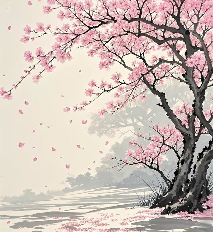 Bức tranh phong cảnh hoa anh đào tinh tế