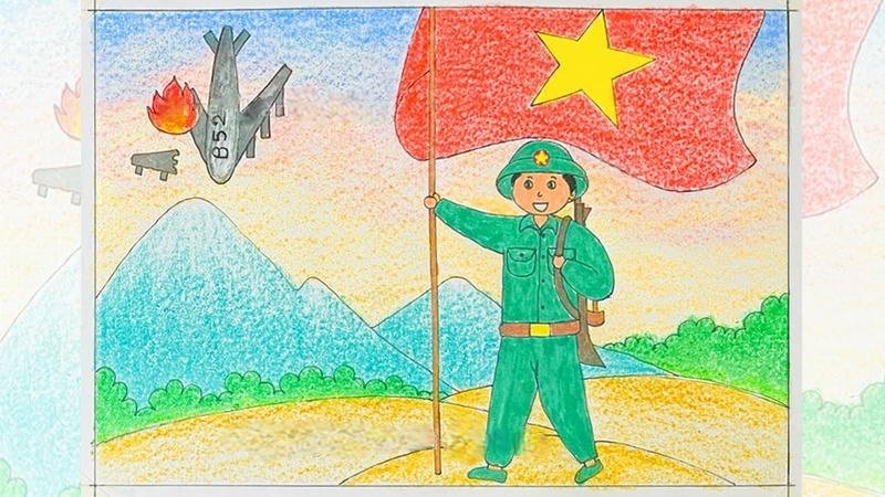 Bức tranh xem tranh vẽ chú bộ đội trong lớp học