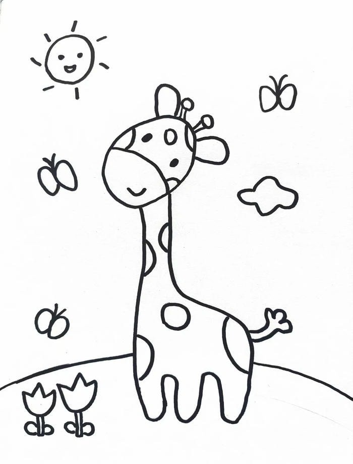 Bức vẽ hươu cổ dài giữa khung cảnh thiên nhiên