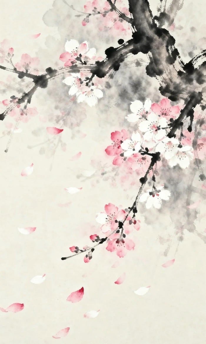 Bức vẽ phong cảnh xuân hoa đào chủ đạo