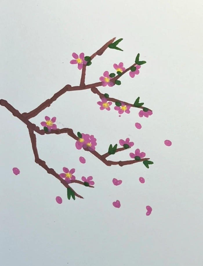 Cành đào nở rực rỡ trong bức họa mùa xuân