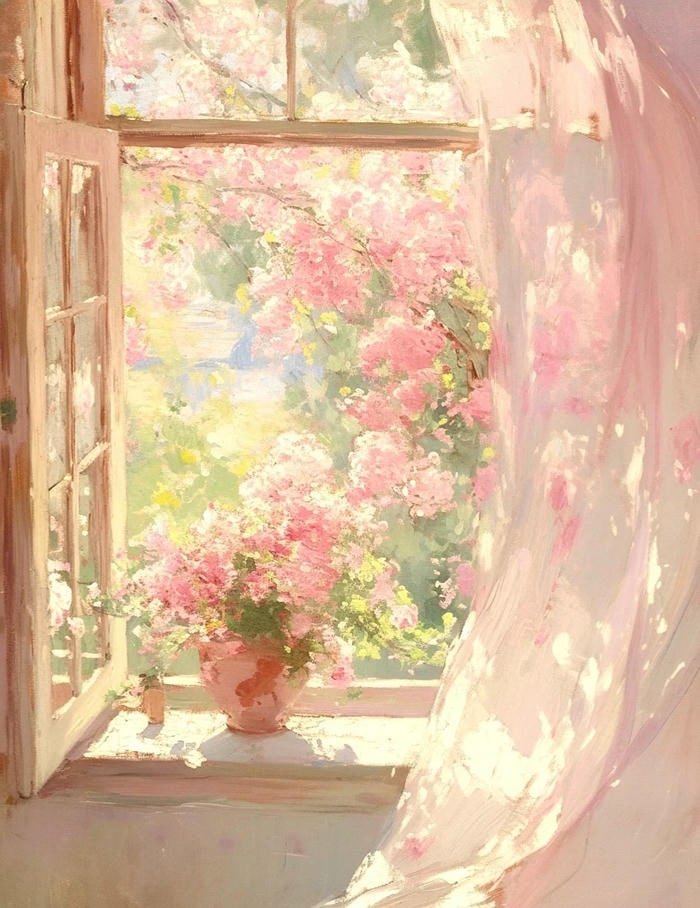 Cành hoa mềm mại uốn cong trong bức họa xuân