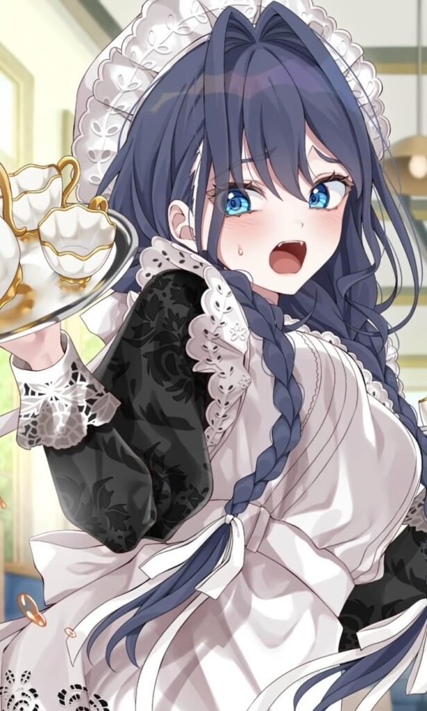 Cô gái anime với mái tóc dài và váy hầu gái