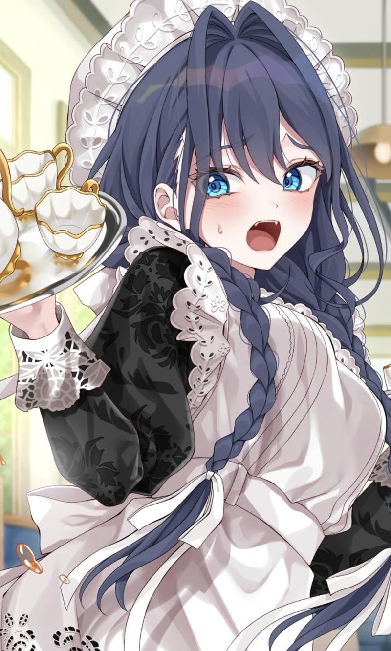 Cô gái anime với mái tóc dài và váy hầu gái