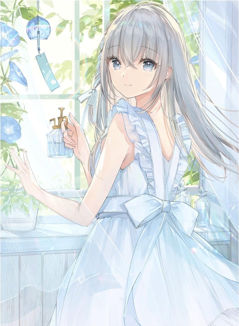 Hiệu ứng ánh sáng nhẹ tạo điểm nhấn ảnh anime girl tóc trắng