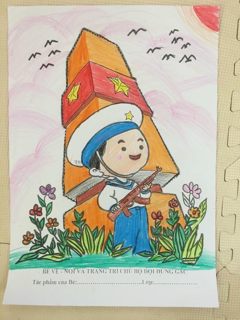 Hình ảnh chú bộ đội trong tranh vẽ quê hương