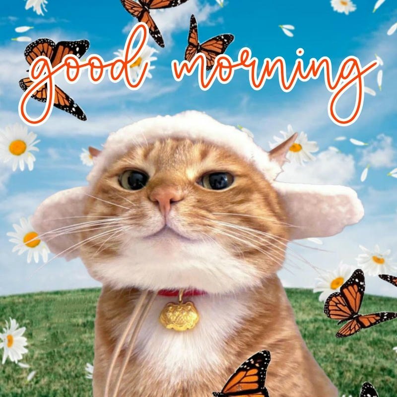 Hình ảnh meme chào buổi sáng vui vẻ hài hước con mèo