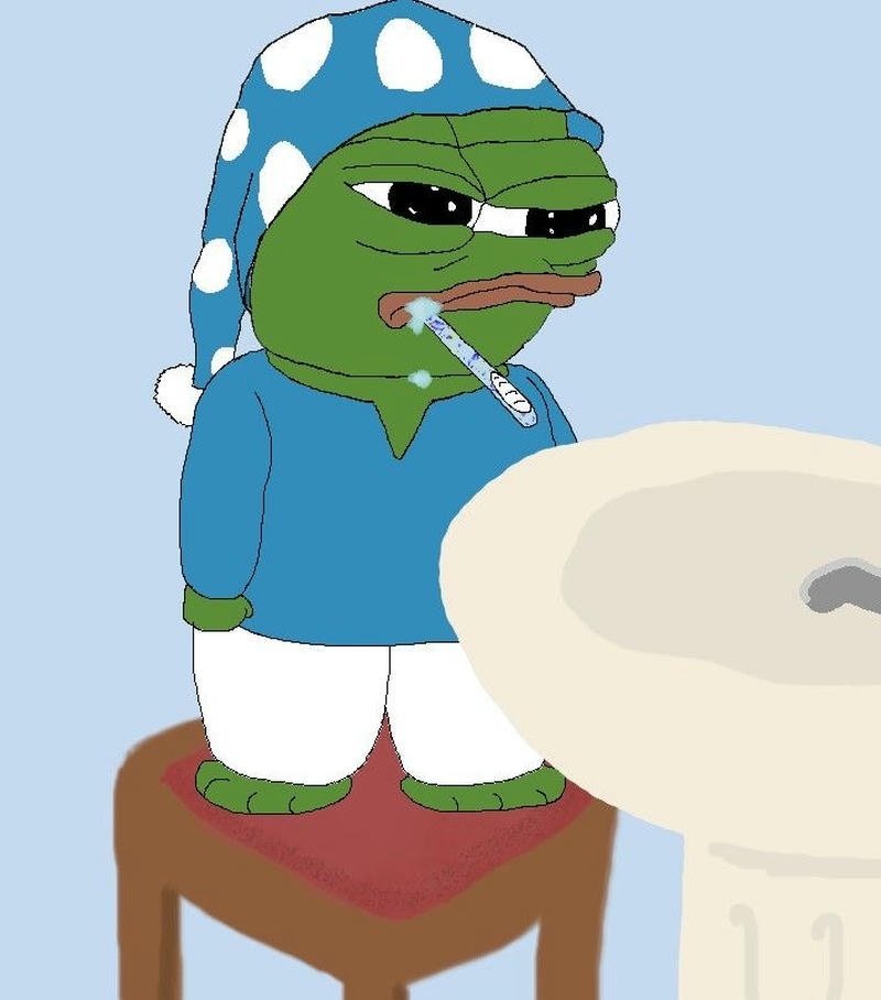 Hình ảnh meme ếch xanh bựa đang đánh răng