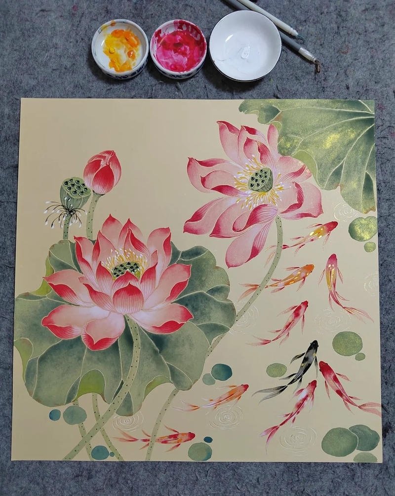 Hình ảnh vẽ tranh hoa sen trong hồ nước xanh