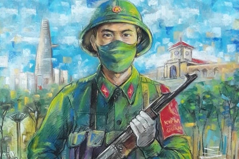 Hình ảnh xem tranh vẽ chú bộ đội đang hành quân