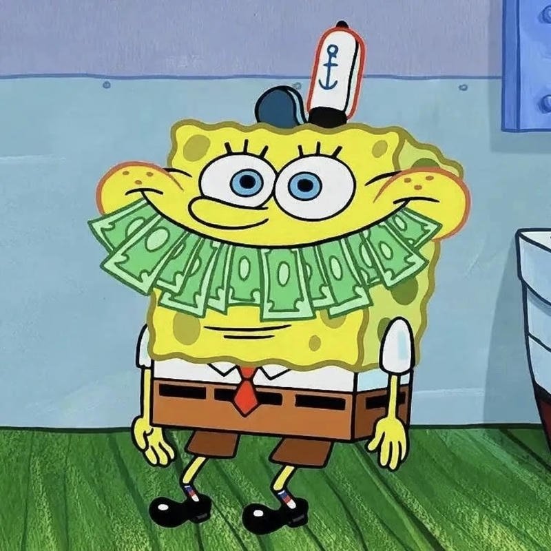 Hình meme nhân vật cười to khi gặm tiền