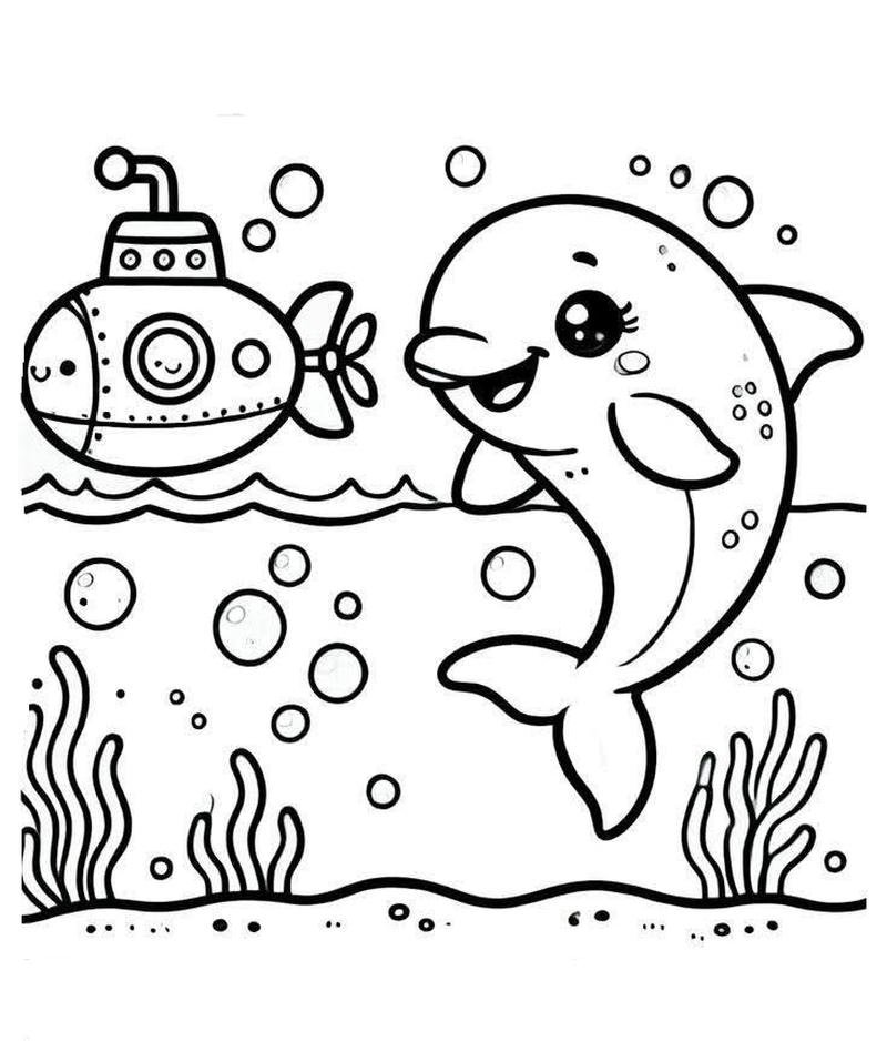 Hình vẽ cá heo cute với sóng biển xung quanh