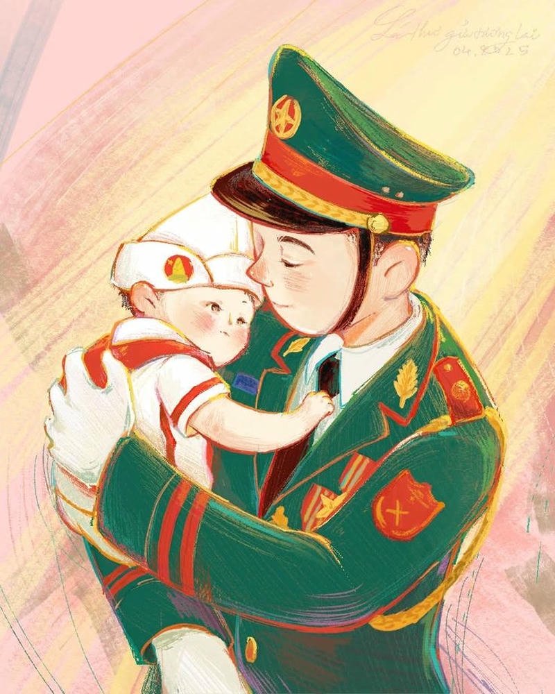 Hình vẽ chú bộ đội hành quân qua cánh rừng