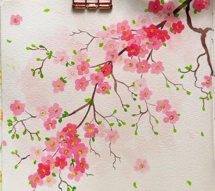 Không gian xuân rực rỡ tranh vẽ hoa đào đẹp