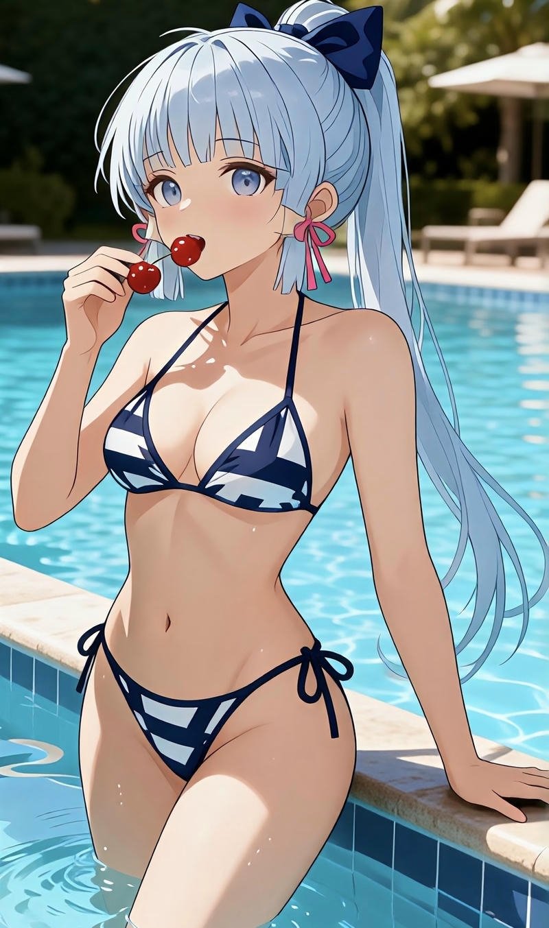 Khung cảnh biển xanh cùng gái anime mặc bikini nổi bật