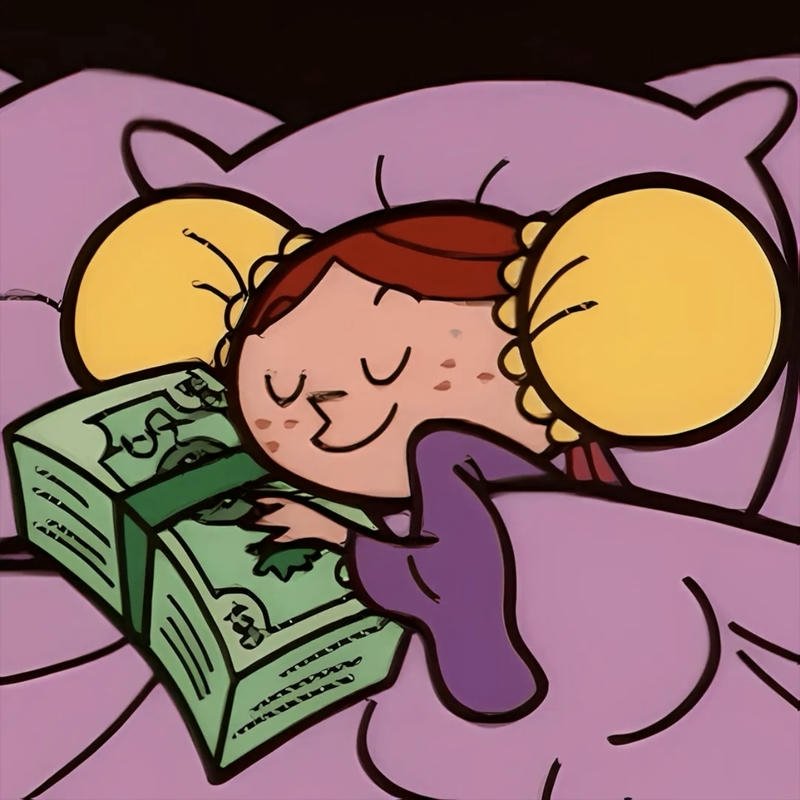 Meme nhân vật cô gái ôm đống tiền đi ngủ