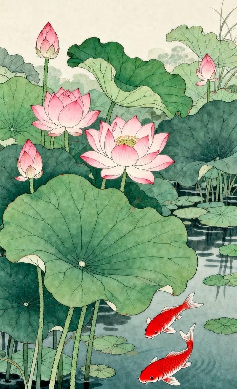 Minh họa hoa sen tranh vẽ bên mặt hồ phẳng lặng