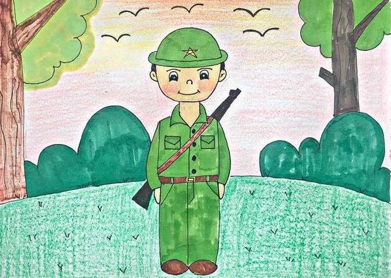 Minh họa xem tranh vẽ chú bộ đội phong cách thiếu nhi