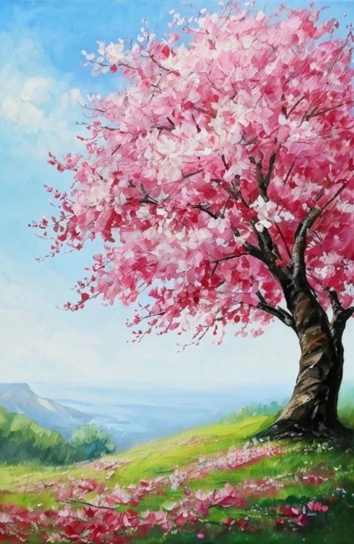 Nét màu tươi sáng làm nổi bật bức họa hoa xuân