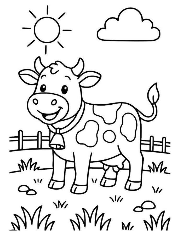 Nét vẽ đen trắng rõ ràng giúp bé dễ tô màu con bò