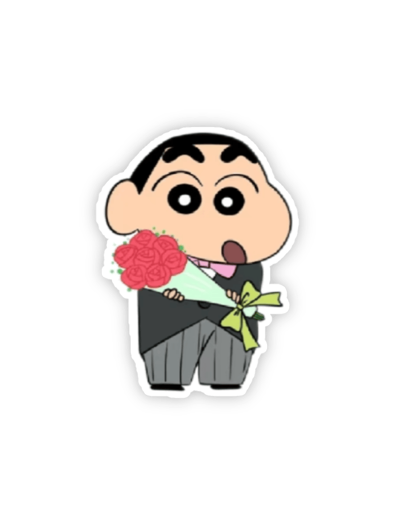 Nhãn dán cu Shin đáng yêu vui vẻ cầm hoa