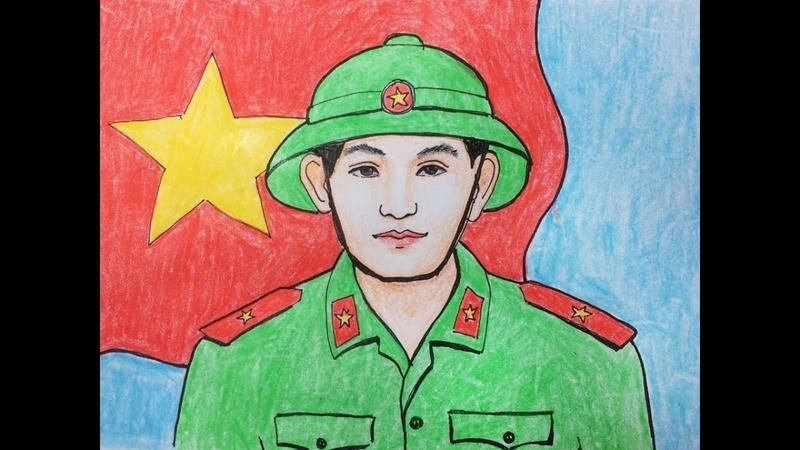 Phác họa xem tranh vẽ chú bộ đội với lá cờ