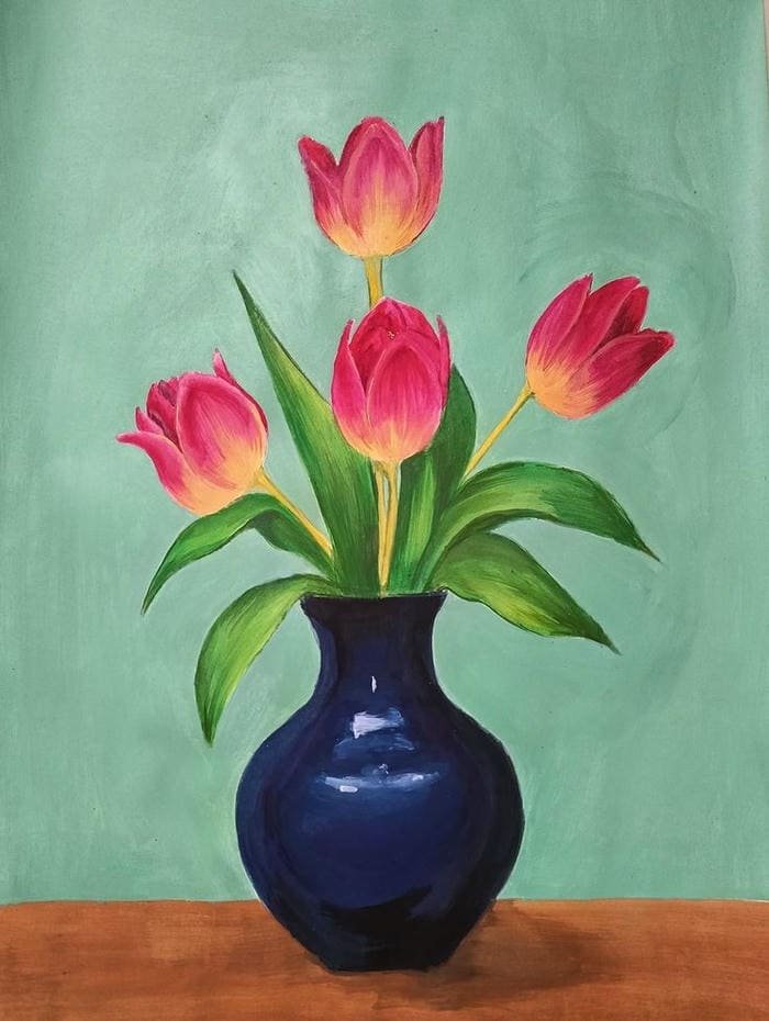 Sắc màu tươi sáng làm đẹp tranh vẽ hoa tulip