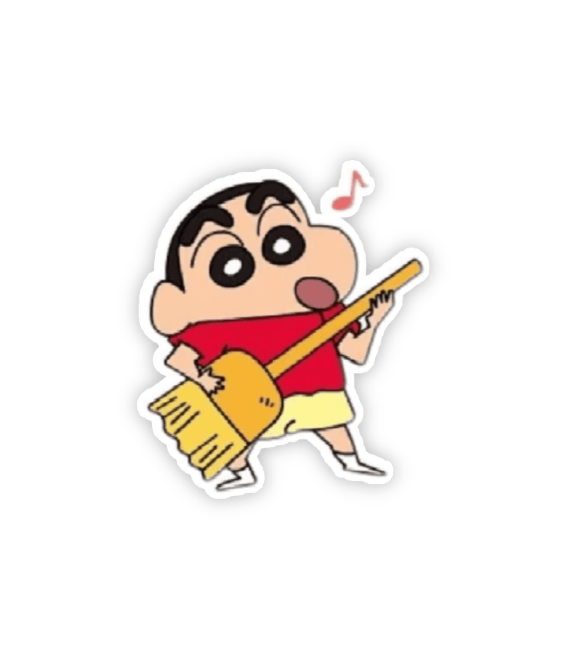 Sticker Shin cute vui nhộn cầm chổi đánh đàn