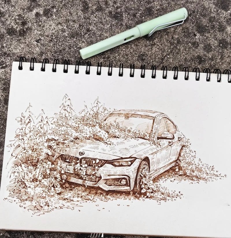 Tác phẩm vẽ ô tô con chi tiết bằng bút chì