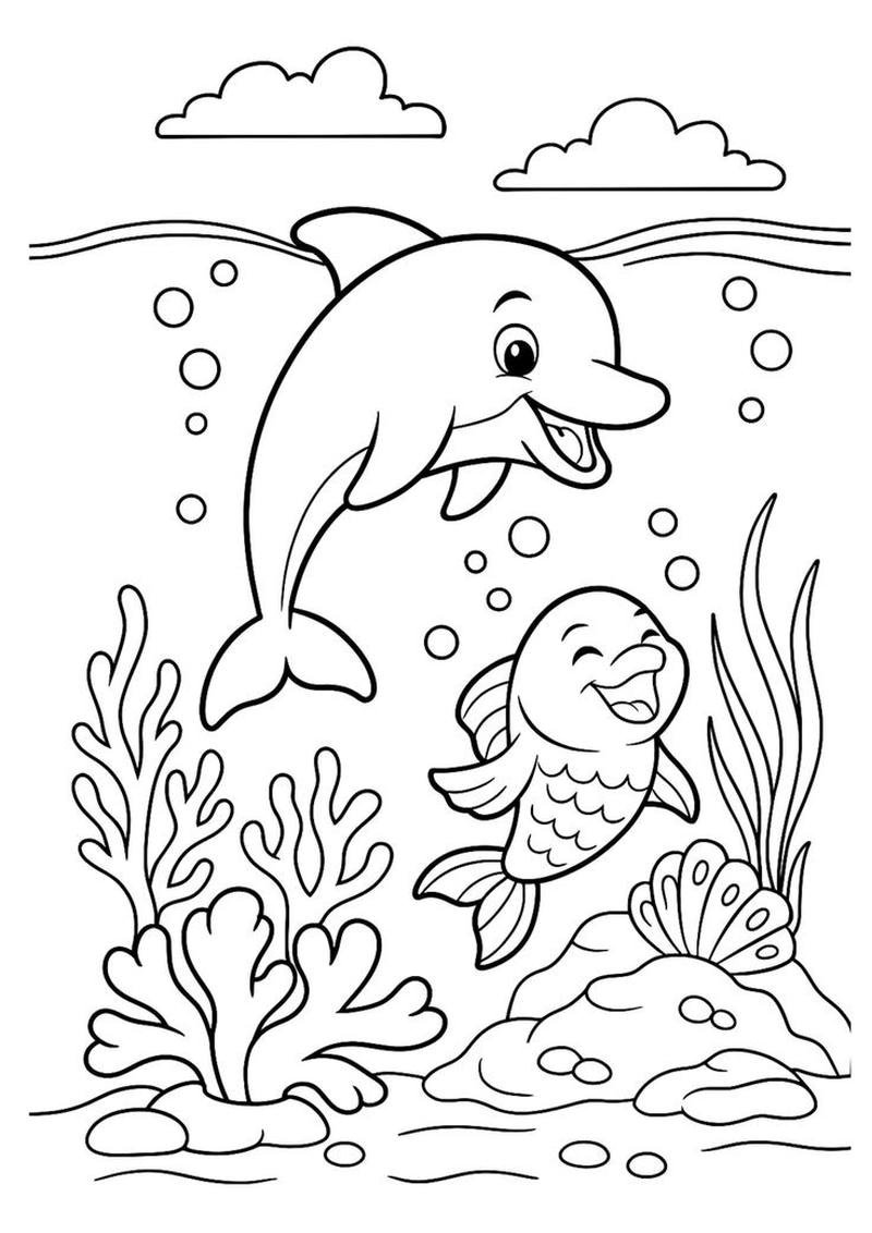 Tranh cá heo tô màu với cánh sóng biển