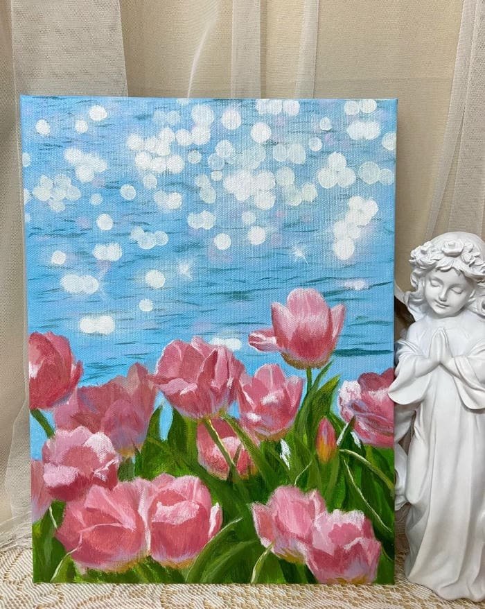 Tranh vẽ cánh đồng hoa tulip trải dài rực rỡ