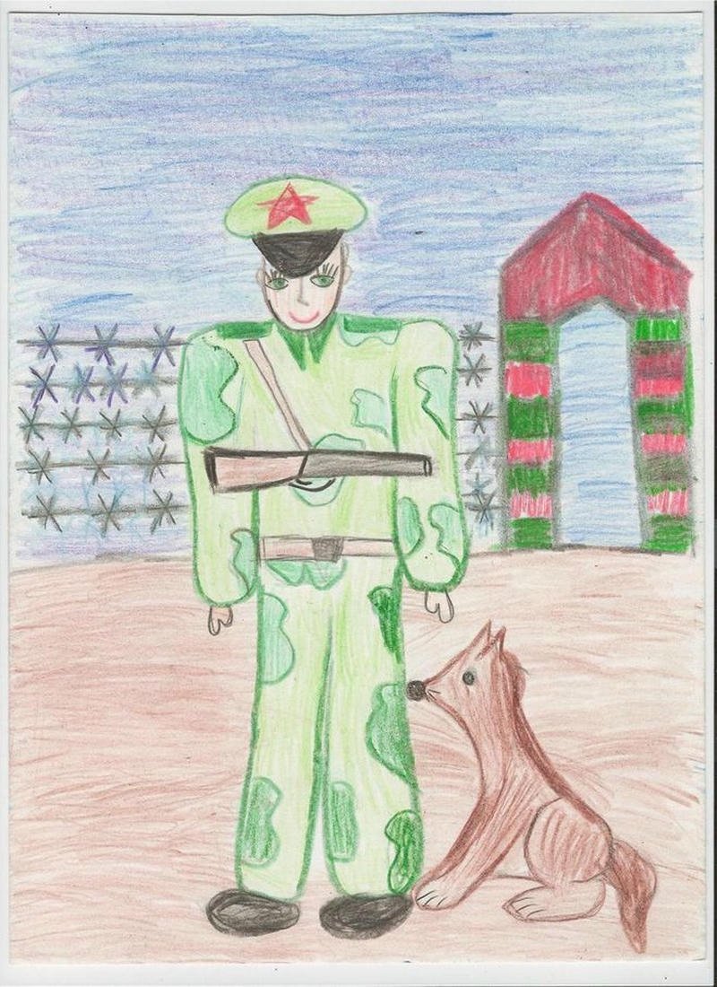Tranh vẽ chú bộ đội mặc quân phục xanh quen thuộc