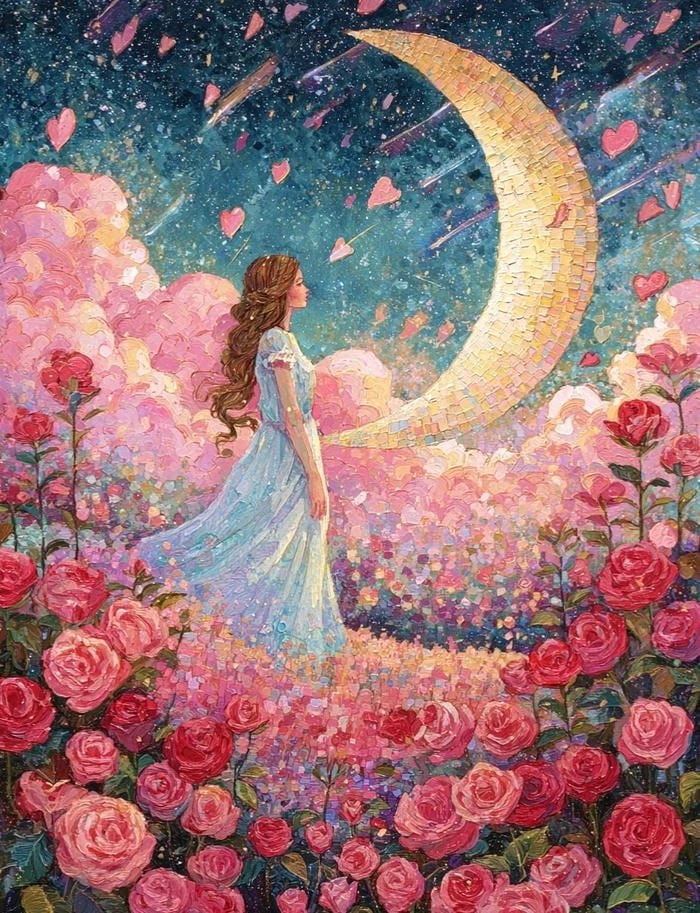 Tranh vẽ cô gái và hoa hồng trên cánh đồng đẹp