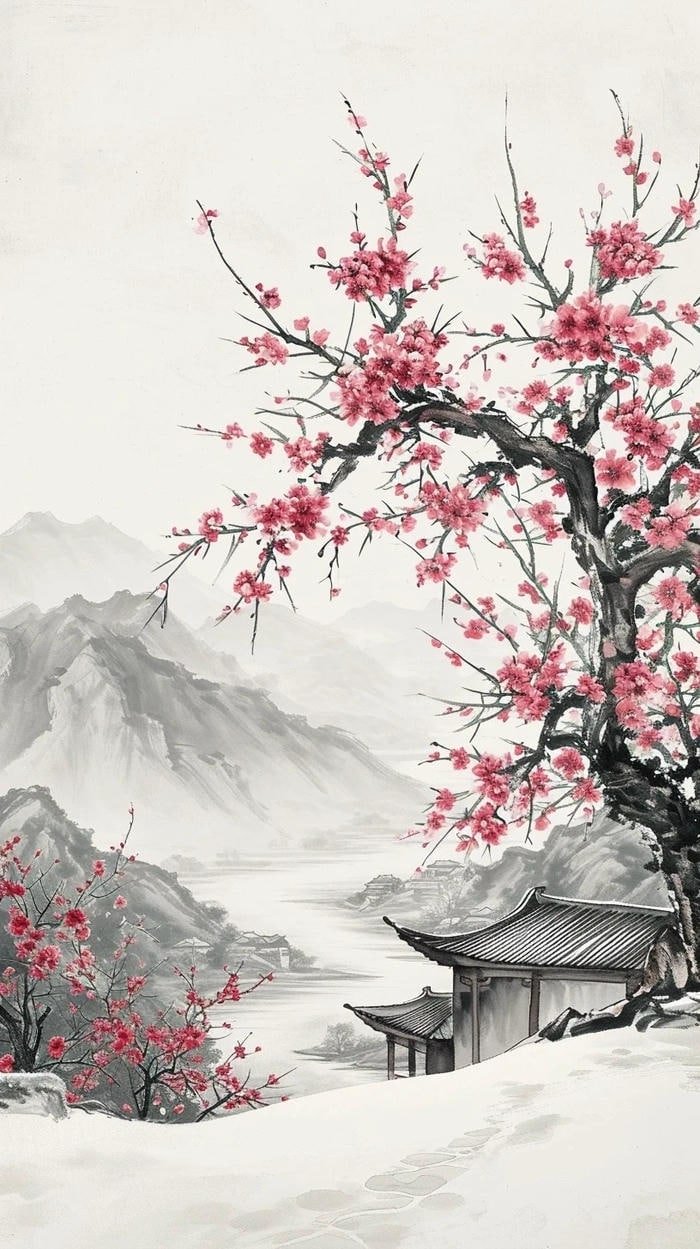 Tranh vẽ hoa đào mang phong cách cổ điển Á Đông