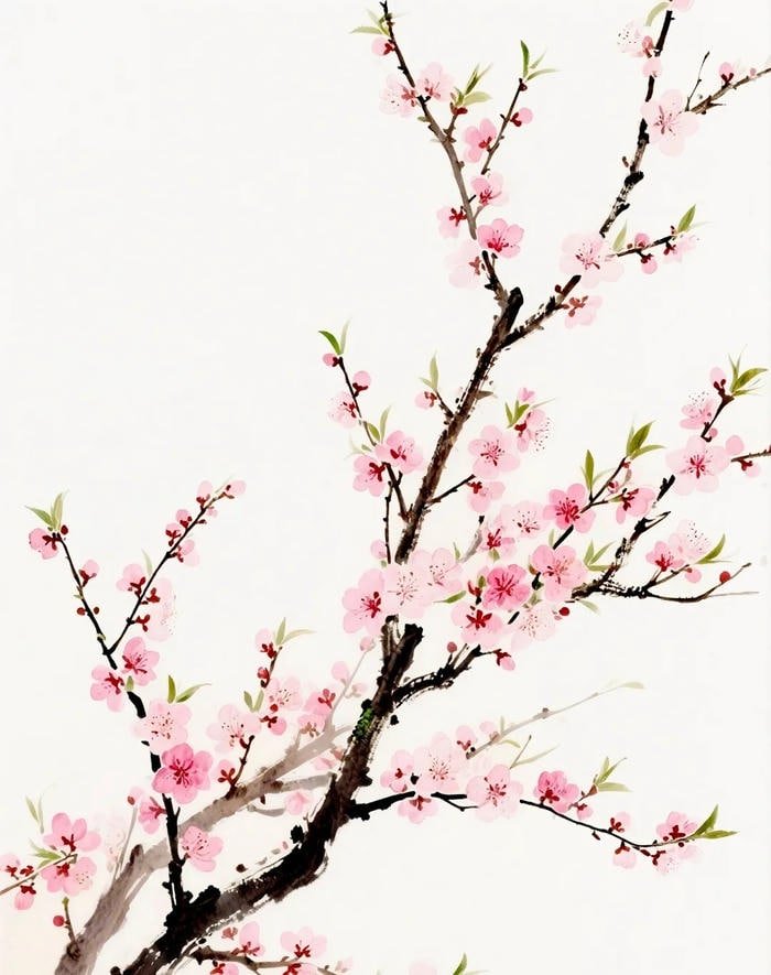 Tranh vẽ hoa đào ngày tết phong cảnh yên bình