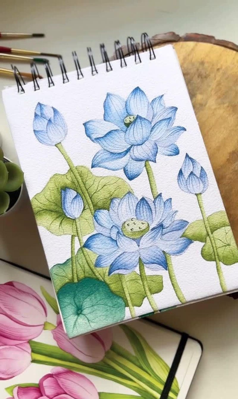 Tranh vẽ hoa sen hồ nước với lá sen rộng