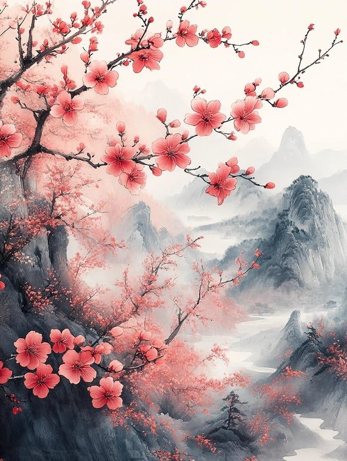 Tranh vẽ núi Phú Sĩ và hoa anh đào tinh tế