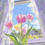 Tranh vẽ vườn hoa tulip dưới ánh nắng nhẹ
