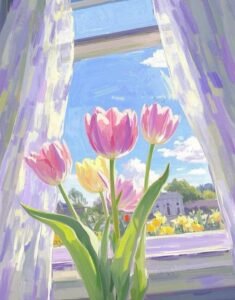 Tranh vẽ vườn hoa tulip dưới ánh nắng nhẹ